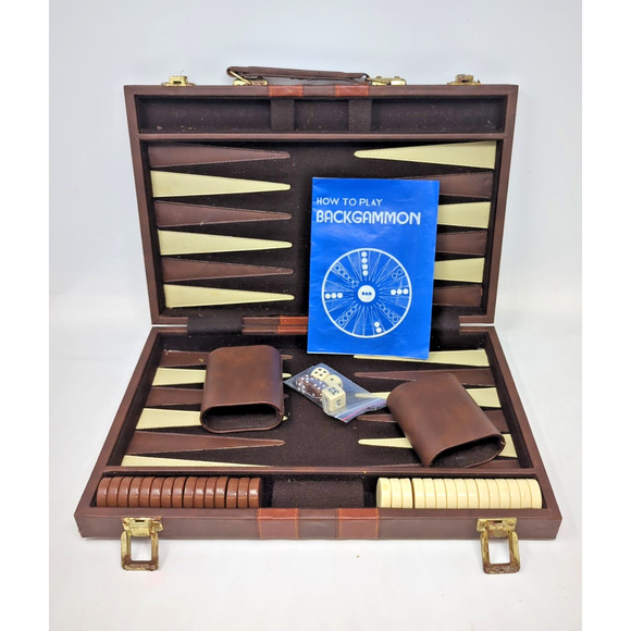 Vintage Backgammon Game Faux Leather Case Small Brown and Tan complete dice - Picture 1 of 4